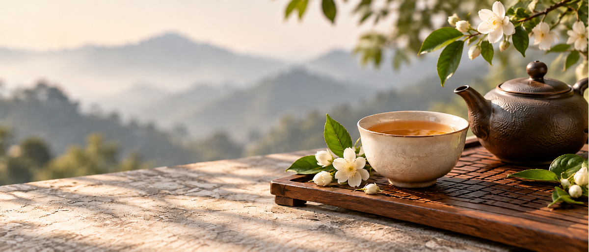Jasmine flowers, tea cup and teapot Jasmine flowers, tea cup and teapot
